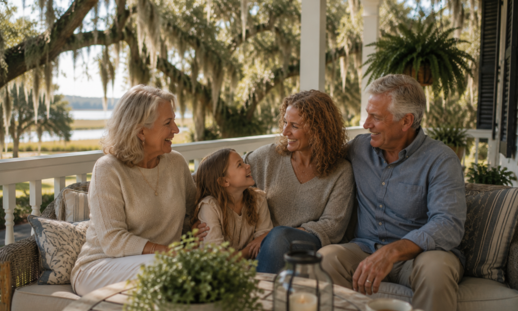 Multi-generational family spending time together at home while planning for their family's future.