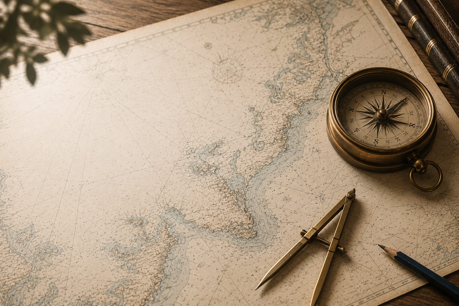 Vintage compass and drafting tools resting on a coastal map