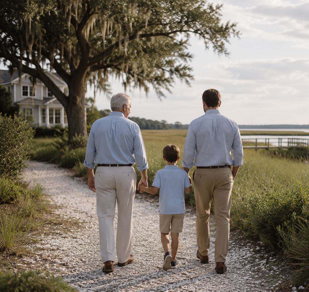 Three generations of a family walking together along a coastal path