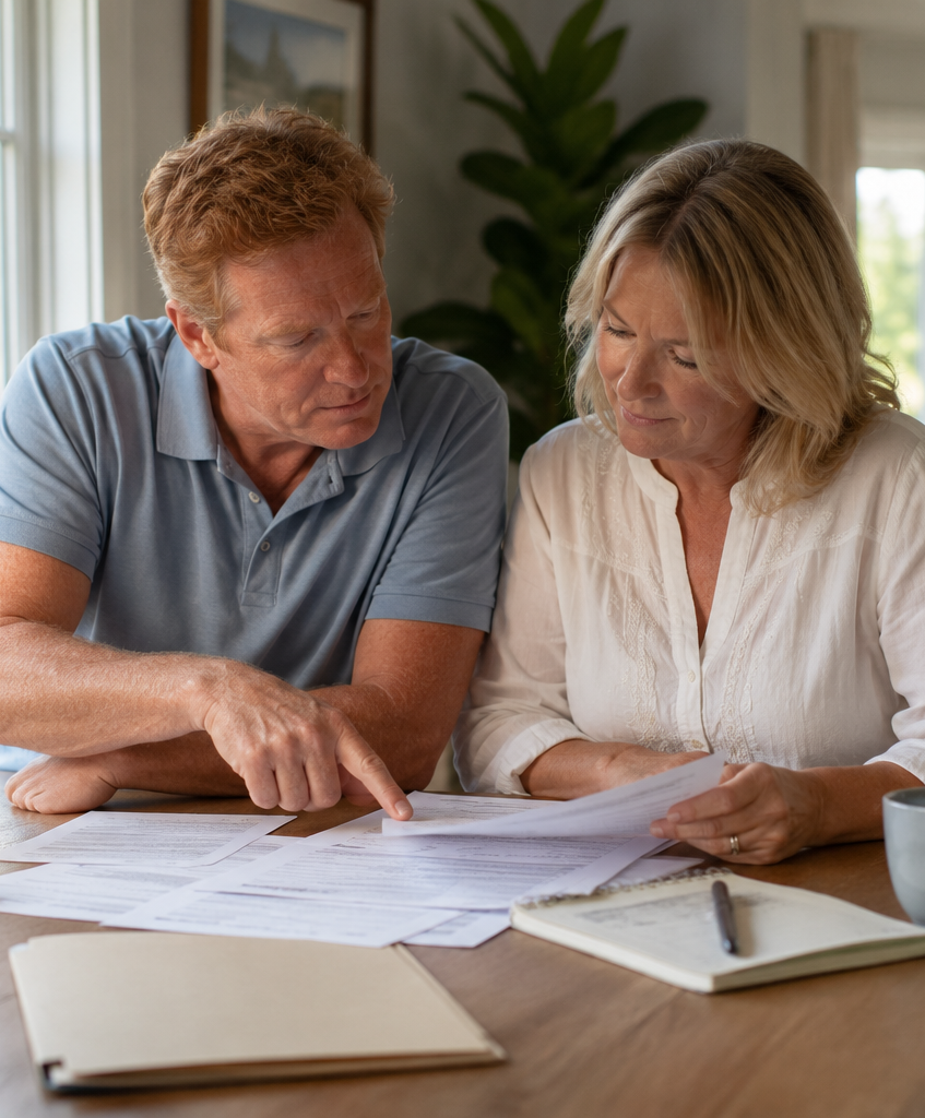 Couple reviewing estate planning documents together at home