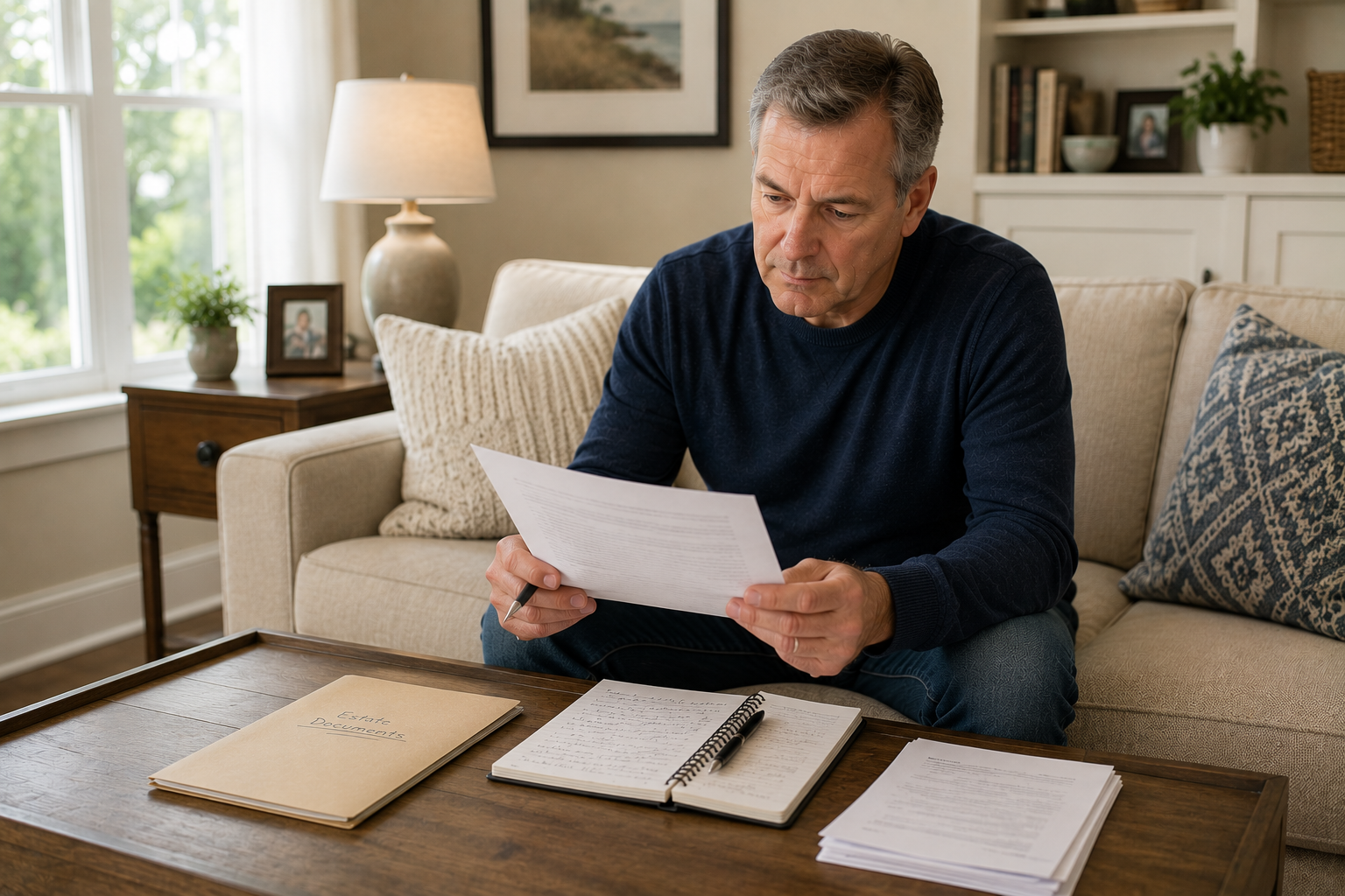 Man reviewing estate documents at home during the probate process