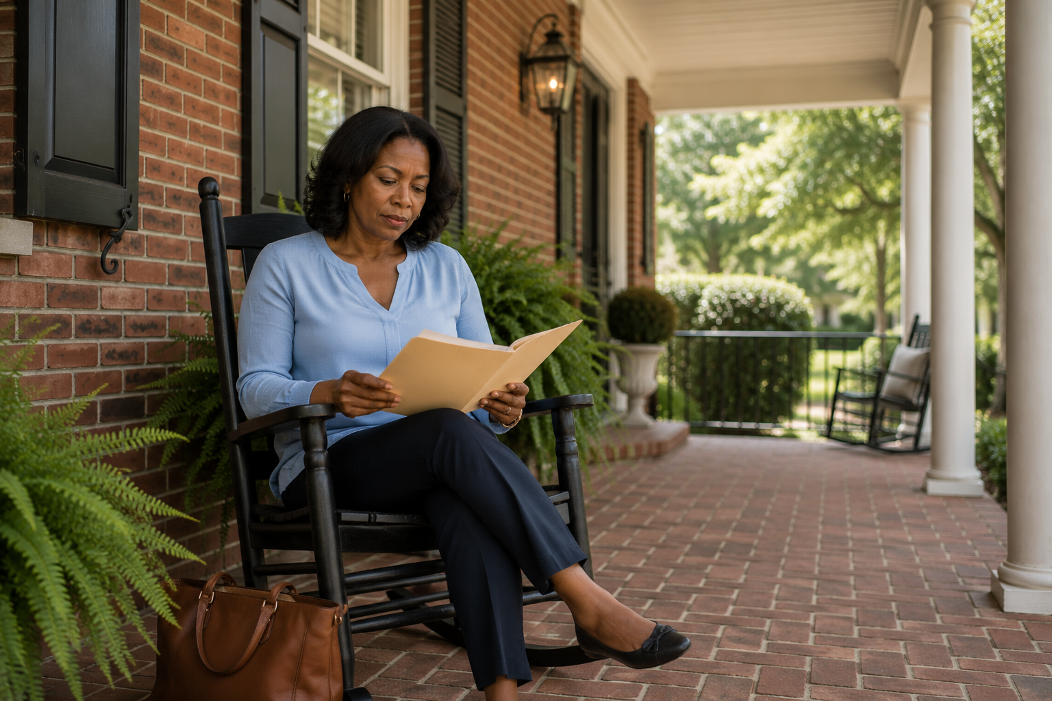 Woman reviewing estate documents while seated on the front porch of a home