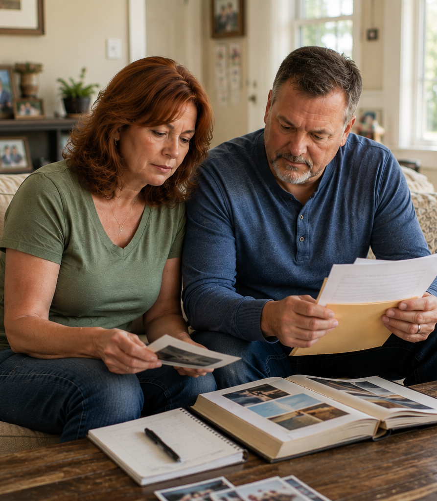 Couple reviewing family photographs and documents while managing a loved one’s estate