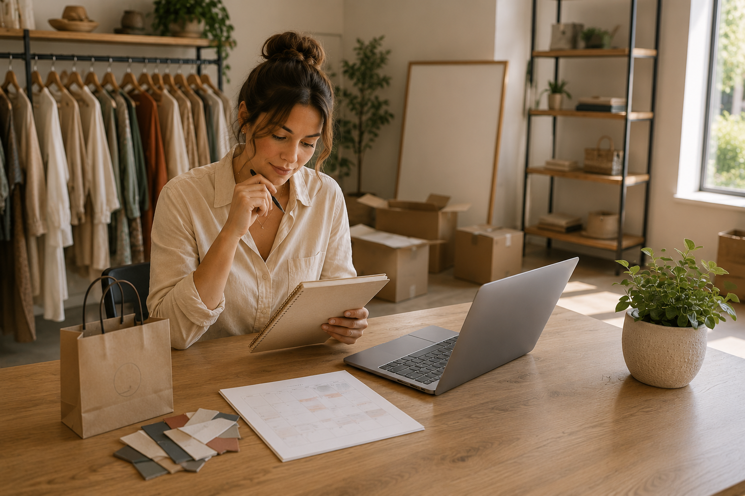 Business owner reviewing plans and documents while preparing to start a business