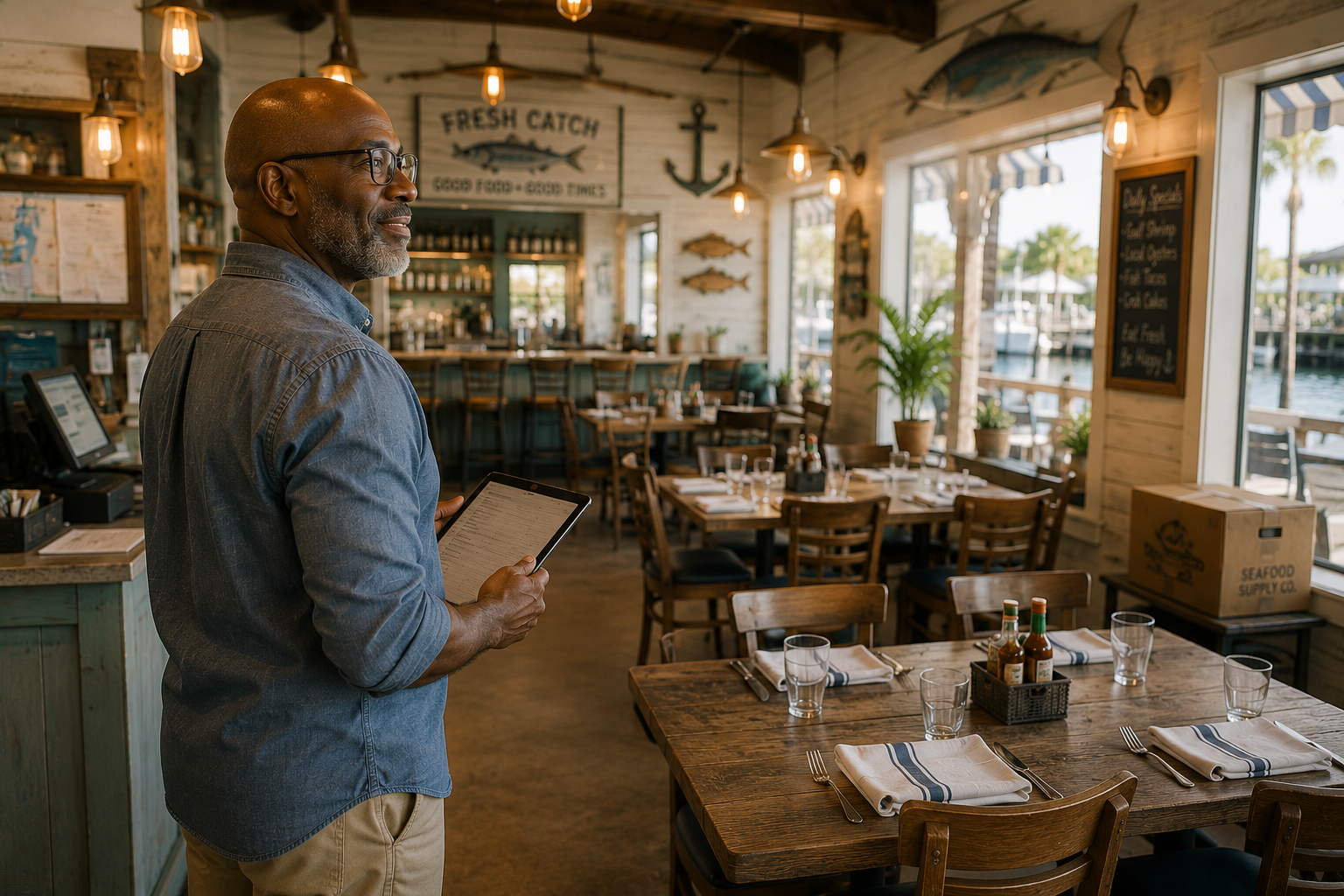 Small business owner reviewing documents while managing his restaurant
