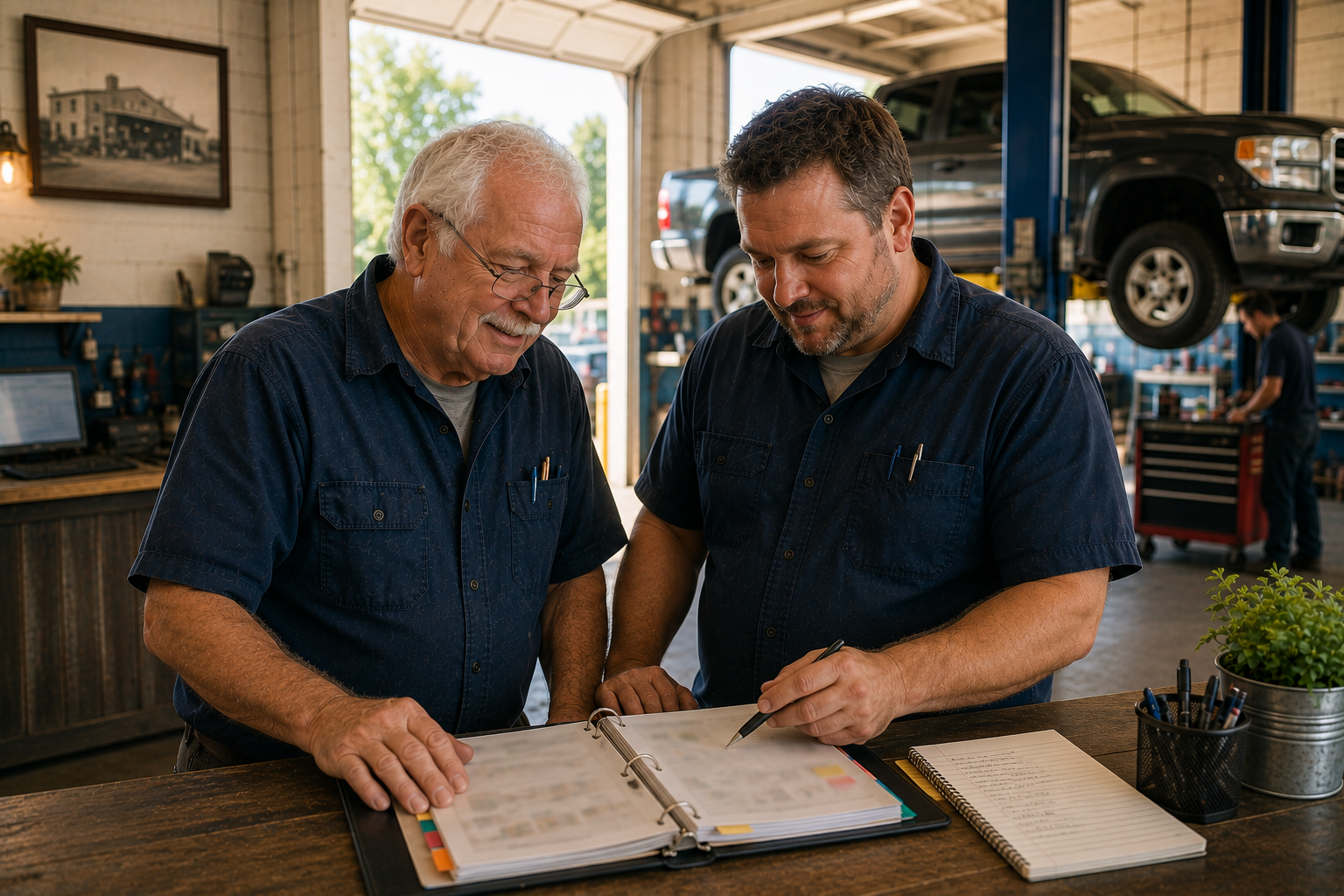 Two generations of business owners reviewing plans together for the future of their business