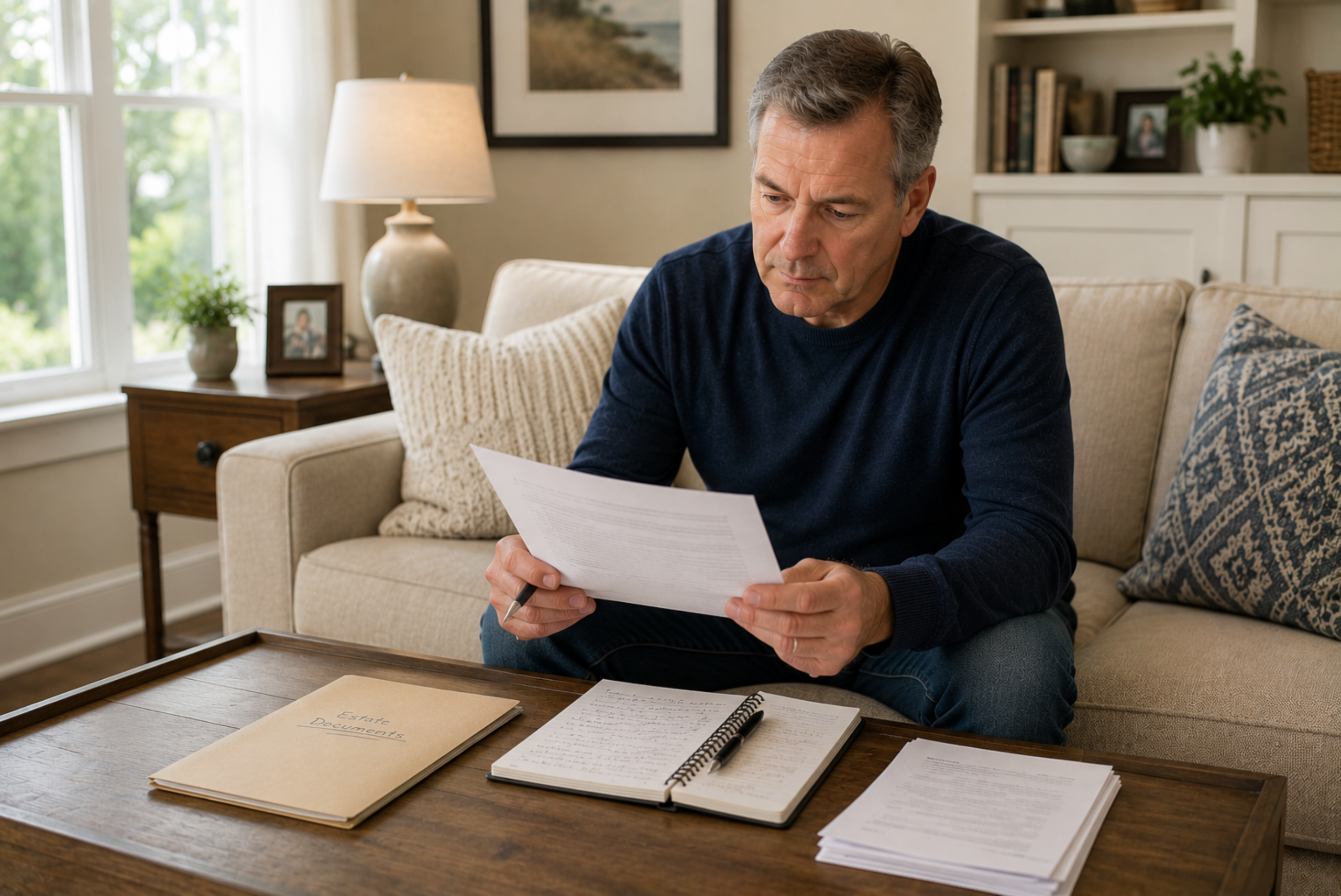 Man reviewing estate documents at home while navigating probate and estate administration.