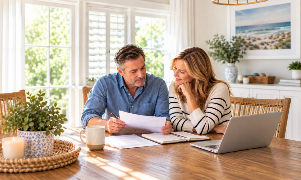 Couple reviewing estate planning documents together at their kitchen table in a bright, sunlit home.
